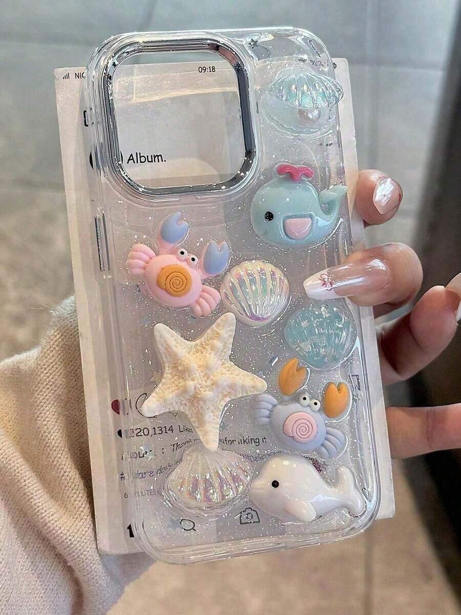 Cute Summer Starfish Whale Pattern Epoxy Phone Compatible With 17, 16, 15, 14, 13 Pro 3D Epoxy Soft Cover, Korea Girl Style - Nhiều màu - Xem 1