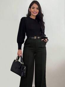 Solid Black High-Waisted Wide-Leg Pants 1pc Elegant Office Casual Loose Fit Chic For Daily Work Date All Seasons - 黑色 - 查看 4