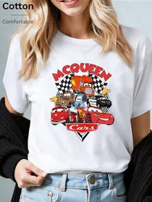 Disney Loose Version Of The "MCQUEEN" Trophy Printed T-Shirt For Characters Such As McQueen And Itaya, Suitable For Summer And Spring, Short Sleeved Tops, Women's Clothing, Holiday Gift Party Costumes. - 白色 - 查看 1