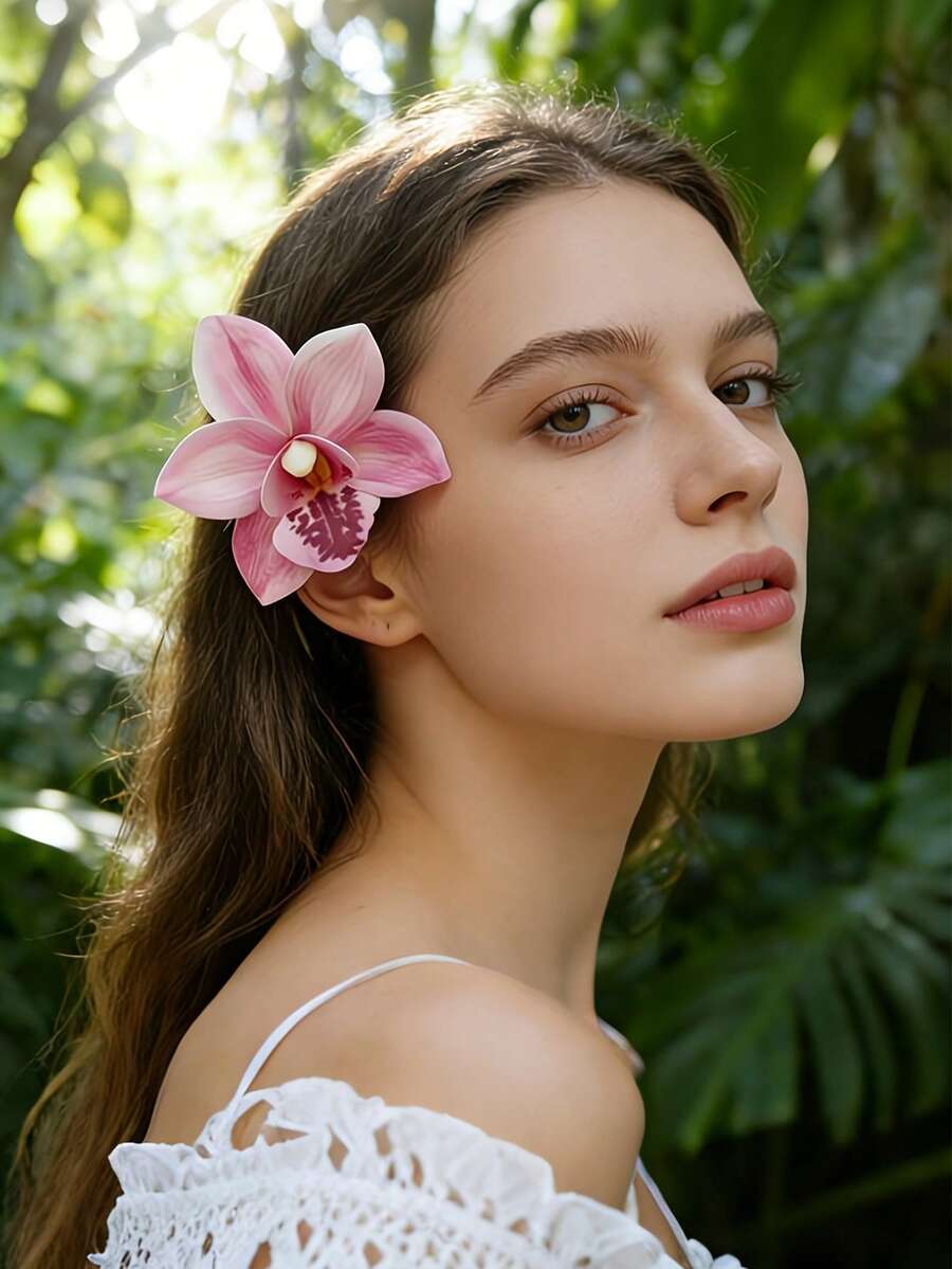 1件波西米亚风多色兰花发饰，热带夏威夷婚礼新娘发饰，假日海滩度假拍照花卉头饰，纯色百搭，适合日常通勤、约会、派对、肖像照、旅行造型，花朵发夹，发卡，夏季配饰 - 彩色 - 查看 1