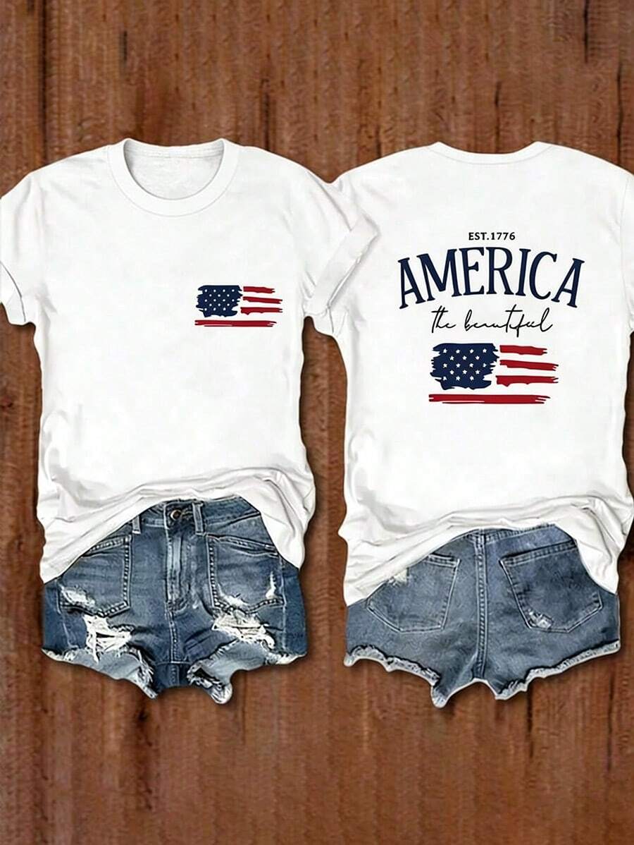 1Pcs,2026,Women Summer Short Sleeve Casual T-Shirt With Letter And American Flag Print,Vintage Summer Tops For Women - trắng - Xem 1