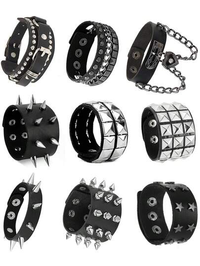 Men'st Leather Bracelet Set, PU Leather Bracelet Studded Spike Rivet Buckle Wristband Cuff Bangle Black Gothic Steampunk For Men Women, Unisex 80s Cool Rock Style Party Favors Jewelry Cosplay Night Club Sexy Gift