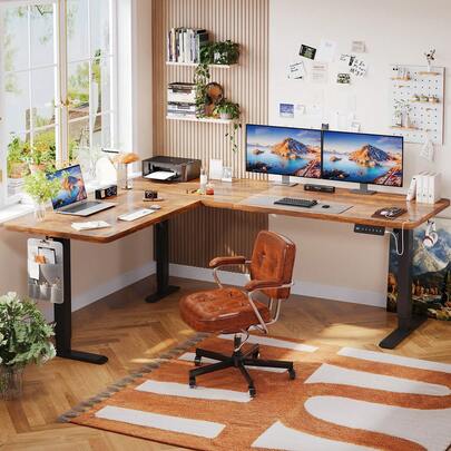 Devoko Height-Adjustable Desk, L-Shaped, 160 X 140 / 190 X 155 Cm, Electrically Height-Adjustable, Corner Desk, Ergonomic Sit-Stand Desk, Computer Desk (White/Black/Brown Look)