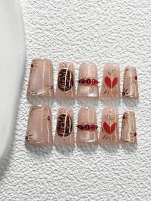 10Pcs Korean Style Handmade Press On Nail,Polygel Nail Set,Red Heart,Red Round Diamonds,Silver Cat's Eye, Pink Nail Polish,Personality Style,Includes Nail Tools,3 Sizes Available,Almond,Duck,Coffin Nails For Party,Dance,Daily Wear. - 彩色 - 查看 2