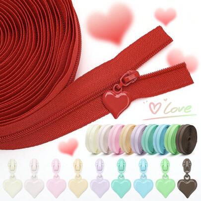 17.7inch Zipper Chain + 10pcs Matching Zipper Pulls, Solid Heart Shaped Zipper Pulls, #3 Nylon Zipper In Macaron Colors, Suitable For Bags, Backpacks, Wallets, Home Textiles, Sewing Replacement And DIY