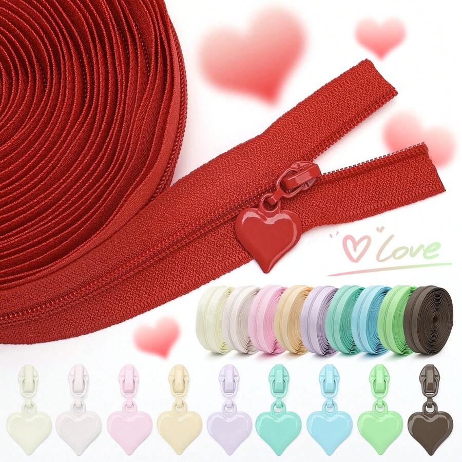 177 cm Cerniera a catena + 10 pezzi di cursori di cerniera coordinati, cursori di cerniera a forma di cuore solido, cerniera in nylon n. 3 nei colori macaron, adatti per borse, zaini, portafogli, tessuti per la casa, sostituzione per cucire e fai da te - #3 Nylon + Cuore - Visualizzare 1