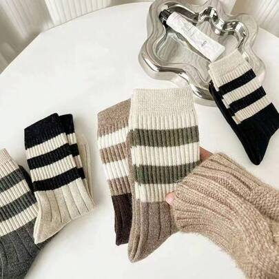 5 đôi tất dài đến bắp chân kẻ sọc kiểu retro, tất thời trang tối giản dành cho nữ, phù hợp để mặc hàng ngày, ở nhà và chơi thể thao.