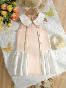 Summer Young Girls' Casual Dress, Lapel Sleeveless Back Keyhole Design, Pleated Button Decor, Fashionable Elegant Minimalist Girls' Dress, Suitable For Party, Daily Wear, Gathering - Apricot - View 1