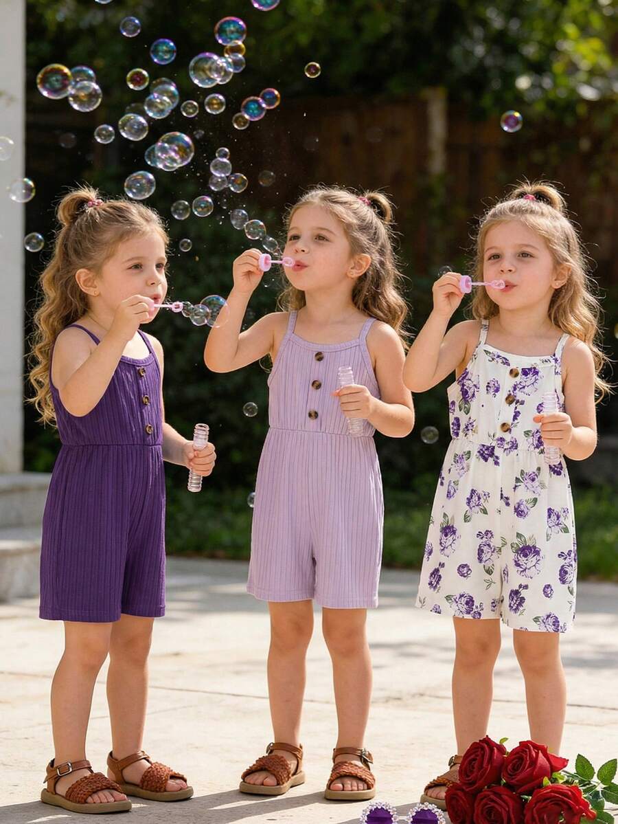 Young Girls 3 Pieces Set: Solid Color Ribbed Floral Print Camisole Jumpsuit - Purple - View 1