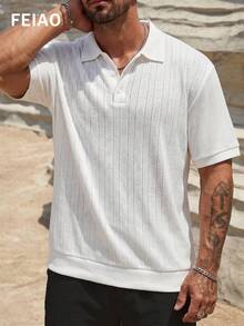 FEIAO Men's Vintage Coin Pattern Polo Shirt, Fabric Patchwork Design With Subtle Sheer Details, Soft Fabric For Comfortable Wear, Relaxed Fit. Fashionable And Versatile Daily Commute Casual Wear. - White - View 4