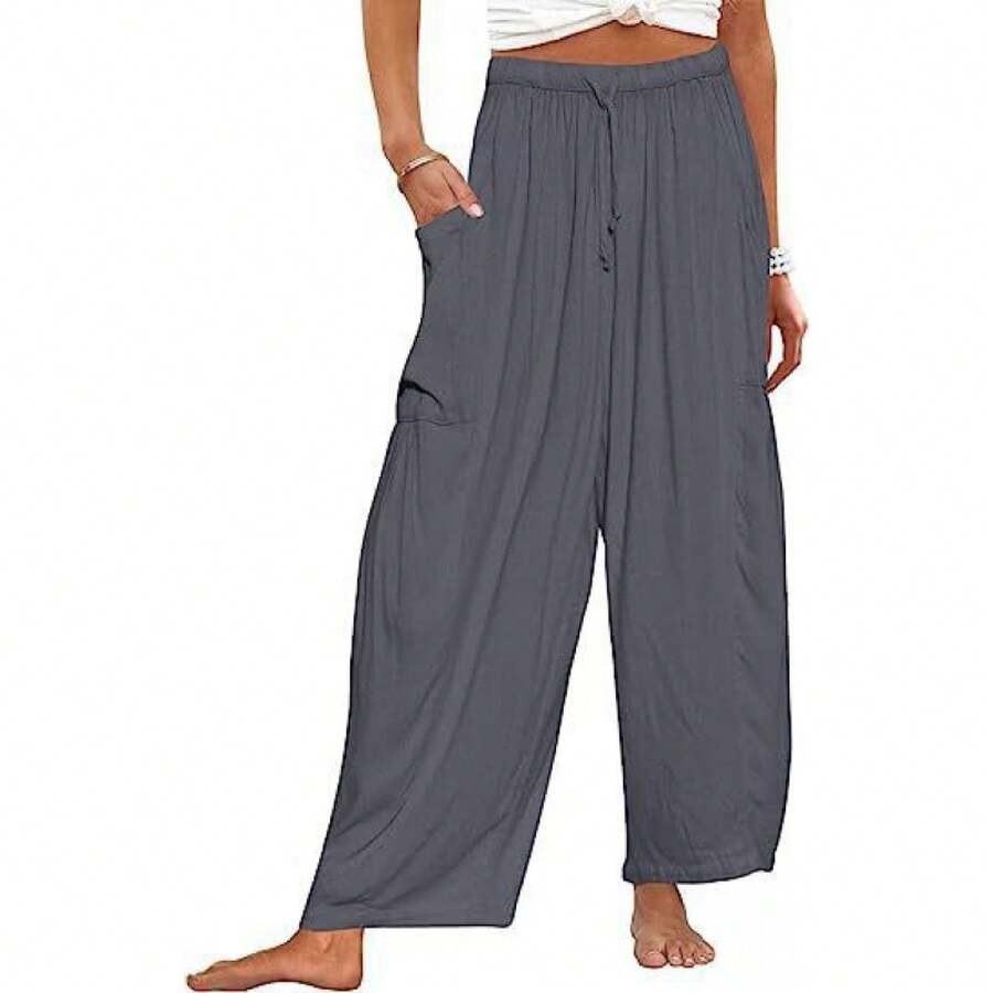 2026 Women's Elastic Waist Pleated High Waist Wide Leg Pants Loose Casual Cotton Linen Trousers Suitable For Going Out, Suitable For Mothers And Sisters To Give Gifts - Xám - Xem 1