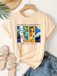 An Elegant Women'S T-Shirt Featuring A One-Piece Van Gogh Oil Painting Design, With English Letter Slogans And Impressionist Prints, Perfect For Spring And Summer Sports Vacations. This Casual And Stylish Vintage Top Is Loose-Fitting And Flattering  Oversized Graphic Tee,Ladies Cute Egg Graphic Casual Crew Neck Tee,Women's Y2K Aesthetic Print Short Sleeve Top - 杏色 - 查看 7