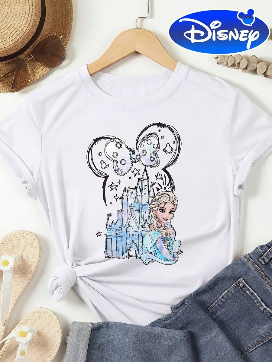 Disney Women's T-Shirt Elsa Princess Ice Queen Round Neck Short Sleeve T-Shirt For Disney Vacation - trắng - Xem 1