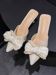 Giày bít mũi nhọn nữ, kiểu dáng slip-on, có nơ và đính hạt, thanh lịch, thích hợp cho đám cưới. - trắng - Xem 14