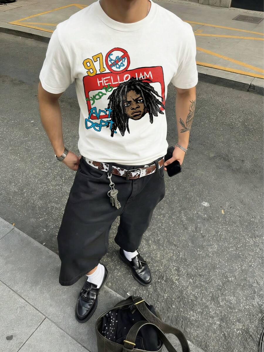 Camiseta de verano con estampado gráfico de figura con lema "Hola, soy" para hombre, estilo callejero de graffiti dibujado a mano 97 - Blanco - Ver 1