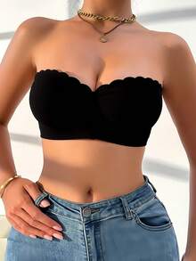 女士黑色无肩带文胸，无缝隐形抹胸式无钢圈前扣聚拢文胸，无背带粘性提拉薄款上厚款下胸文胸，适合小胸 - 黑色 - 查看 6