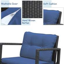 COSTWAY 3 Pieces Outdoor Rocking Bistro Set, PE Rattan Rocking Chair Set With Cushions, Tempered Glass-Top Coffee Table And Storage Shelf, Patio Wicker Conversation Set For Garden, Backyard And Poolside, Navy - Blue - View 10