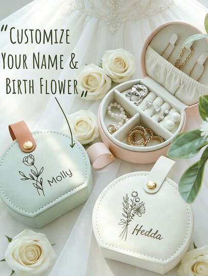 1 pieza Bolsa de joyería personalizada, Caja de joyería de viaje personalizada, se puede personalizar con nombre y patrón floral, Caja de almacenamiento cuadrada compacta para aretes con asa, Caja de regalo para dama de honor y boda, Regalo para hermanas y amigas, Cumpleaños, Boda, Día de la Madre, San Valentín, Fiesta, Regalo pequeño personalizado, Multifuncional, Decorativa, Reutilizable, Elegante y de moda, Alta calidad, Colorida, Estilo moderno, Personalizable, Único, Regalo ideal para él, Regalo ideal para ella, Regalo de regreso a la escuela