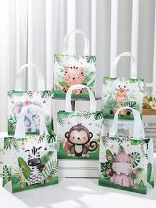 6 piezas Bolsas de tela no tejida con estampado de hojas y animales de la jungla, bolsas de regalo para baby shower, bolsas de fiesta de cumpleaños de niño/niña, suministros para fiesta de revelación de género, decoraciones para fiesta de cumpleaños "Wild One", bolsas para dulces, chocolates y meriendas para baby shower y boda, bolsas para meriendas de fiesta de recién nacido - Animales de la selva - Ver 2