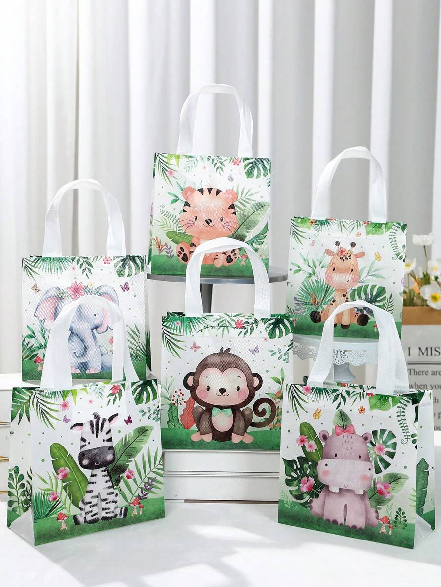 6 piezas Bolsas de tela no tejida con estampado de hojas y animales de la jungla, bolsas de regalo para baby shower, bolsas de fiesta de cumpleaños de niño/niña, suministros para fiesta de revelación de género, decoraciones para fiesta de cumpleaños "Wild One", bolsas para dulces, chocolates y meriendas para baby shower y boda, bolsas para meriendas de fiesta de recién nacido