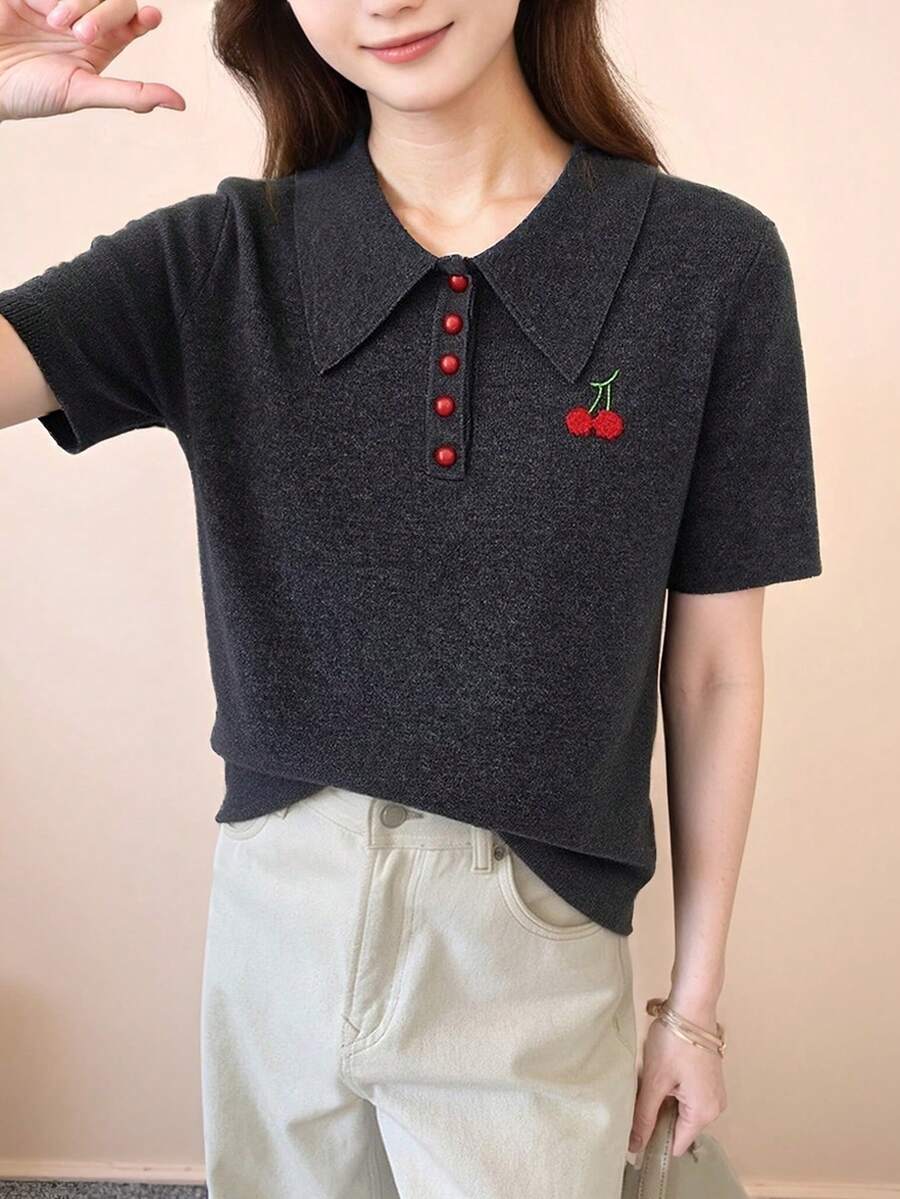 女士休闲撞色设计 Polo 领针织上衣,短袖,夏季 - 深灰色 - 查看 1