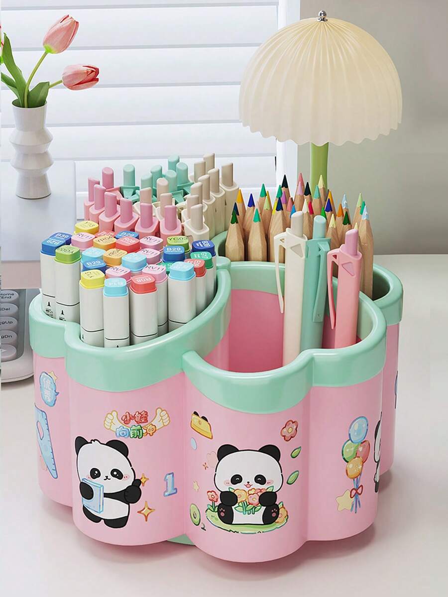 360° Rotating Multifunctional Student Desk Organizer Box, Large Capacity Pen Holder With Cute Stickers, 4-Compartment Pencil Cup, Saves Space For Makeup Brushes And Pencils