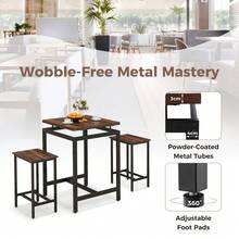 COSTWAY 3 Pieces Bar Table Set, Square Counter Height Table With Stools, Floating Tabletop & Footrest, Industrial Pub Table Set For Small Space, Breakfast Nook, Kitchen, Rustic Brown - Brown - View 9