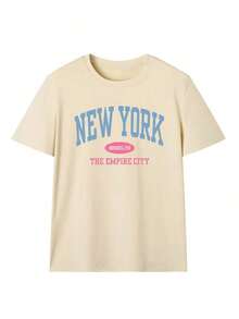 Camiseta suelta de verano para mujer con estampado de letras, casual y versátil para uso diario. Camiseta gráfica, vacaciones - Albaricoque 2 - Ver 3