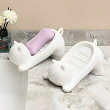 1pc New Creative High-Quality Cat Shaped Non-Drip Soap Dish, Cute Storage Soap Holder Rack, No Drilling Required - White Kitten - View 7