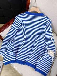 Vivid Style Autumn/Winter New Women's Fashion Street Style Loose Striped Knit Cardigan, Suitable For Street, Airport, Christmas, New Year - Xanh và trắng - Xem 8