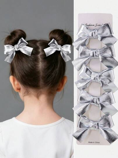 6件套女孩银色反光亮面布料纯色蝴蝶结发夹，简约亮面皮革轻巧优雅鸭嘴夹发饰