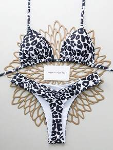 Set de 2 piezas Traje de baño bikini con estampado de leopardo, sexy y con cordones en la espalda, adecuado para vacaciones, playa, actuaciones en el escenario y conciertos en verano, color negro - Negro - Ver 5