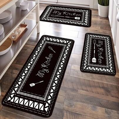 1/2/3 piezas Juego de alfombras de cocina de franela, lavables a máquina, ligeras, esterilla de poliéster antideslizante con tela de punto, patrones a rayas y sólidos, alfombra de cocina cómoda para cocina, dormitorio, sala de estar, comedor