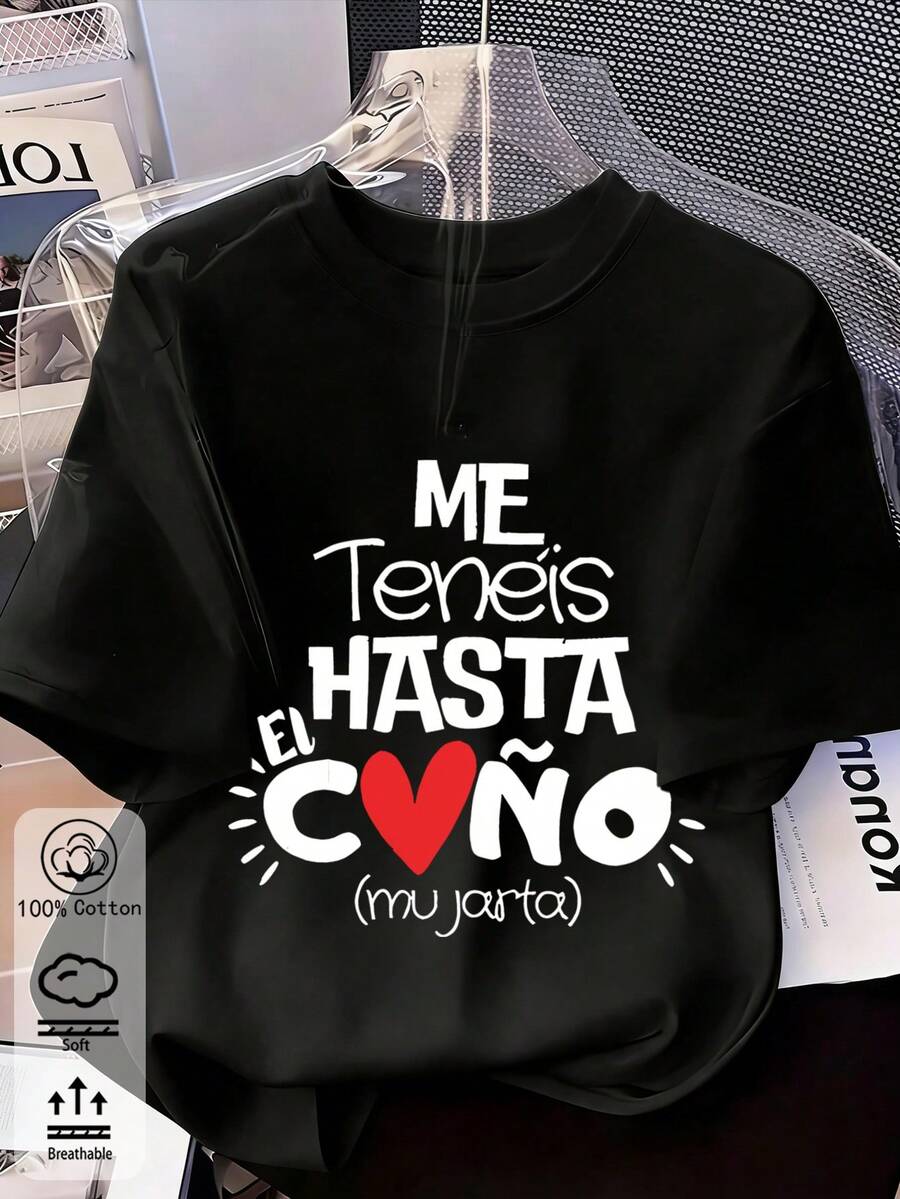 2026 Spring/Summer New Arrival: Unisex Heart-Printed Black Round-Neck Cotton T-Shirt, Comfortable Casual Wear For All Seasons - Black - View 1