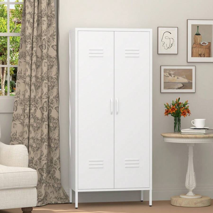 Armoire métallique 2 portes avec étagères, meuble de rangement en acier pour vêtements, salon, bureau, chambre et gym - Blanc - Blanc + Métal + Classique - Voir 1