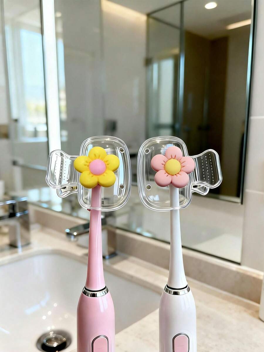 2pcs Colorful Floral Pattern Toothbrush Holder, Mini Resin Flower Design Toothbrush Clip, Portable Toothbrush Case, Suitable For Home, Dorm, Bathroom, Travel, Camping, Dorm Essential, Bathroom Toothbrush Rack, Holiday Essential, Toothbrush Cover, Bathroom Supplies, Home Decor, Camping Essential, Travel Essential, Easy To Carry