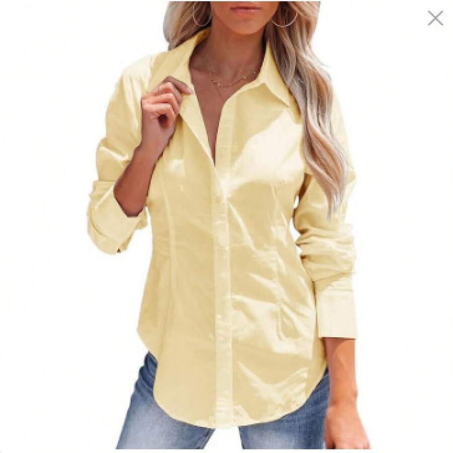 Women's Button-Up Shirt, Long-Sleeved, Solid Color, Versatile, Office-Style, Elegant Blouse - 黃色 - 查看 1