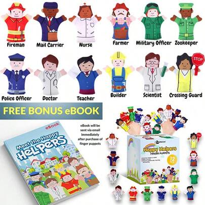 Happy Helpers Finger Puppets 12-Piece Set - Teach And Learn With A Variety Of Neighborhood People Characters - Free Bonus E-Book - For Families Kindergarten Play And ESL