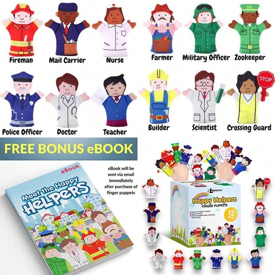Happy Helpers Finger Puppets 12-Piece Set - Teach And Learn With A Variety Of Neighborhood People Characters - Free Bonus E-Book - For Families Kindergarten Play And ESL - HappyHelpers12PiecesFingerPuppets - View 1