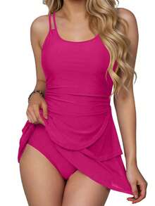 Vestido de baño monokini para mujer con cuello en U y control de abdomen. Traje de baño modesto con capas y parte inferior. - Rosa Fucsia - Ver 2