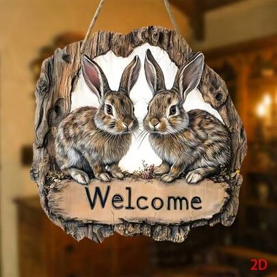 2D平面 - 2D木质传统兔子“欢迎”标牌，木质材料，动物主题，适合悬挂在墙上，可用于复活节装饰，用途广泛，适合房间和门廊墙面装饰，采用乡村风格
