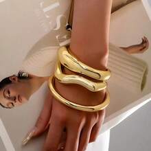 3pcs Gold Creative Wave Cuff Bracelet Set, Low Allergy /Fashionable Versatile, Best Gift For Women, Girlfriends, Mothers - Multicolor - View 1