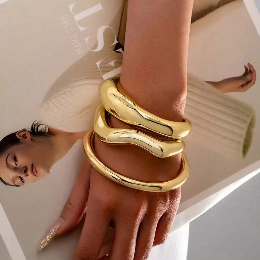 3pcs Gold Creative Wave Cuff Bracelet Set, Low Allergy /Fashionable Versatile, Best Gift For Women, Girlfriends, Mothers - Multicolor - View 1