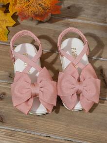 1 Pair Girls' Summer Sandals, Pink Double Bow Slip-On, Minimalist Versatile Sandals Suitable For Daily, Vacation, Outfit Matching - powder white - View 1