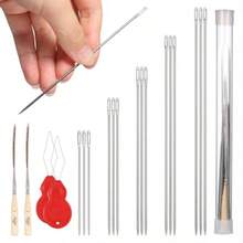 15Pcs Long Sewing Needles 7 Inch Premium Large Eye Sewing Needles With Threaders And Storage Tube 5 Sizes Stitching Needles Stitching Crafting Projects And Embroidery - Silver - 查看 1