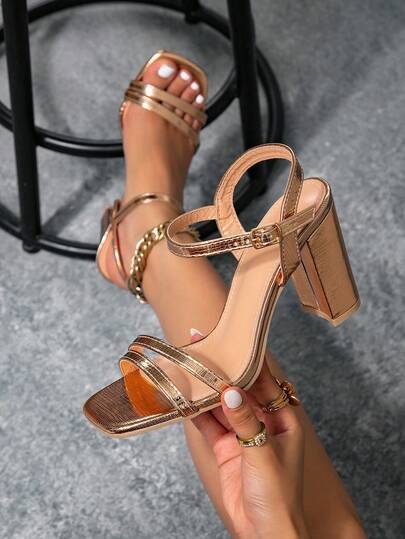 Square Toe Chunky Heel Sandals, Metallic Shiny Uppers, Chunky Heel Design Balances Comfort And Presence, From Party Nights To Dates, You'll Be The Center Of Attention, Versatile And Comfortable, The Best Choice For Summer