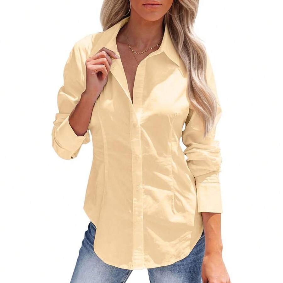 Women's Button-Up Shirt, Long-Sleeved, Solid Color, Versatile, Office-Style, Elegant Blouse - Apricot - View 1