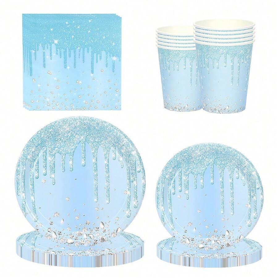 10pcs/50pcs/80pcs Blue And Silvery Party Supplies Blue And Silvery Glitter Diamond Paper Plates Cups And Napkins Tableware Set Party Decorations For Birthday Party Gender Reveal Retirement Bachelor Party Table Decorations - View 1