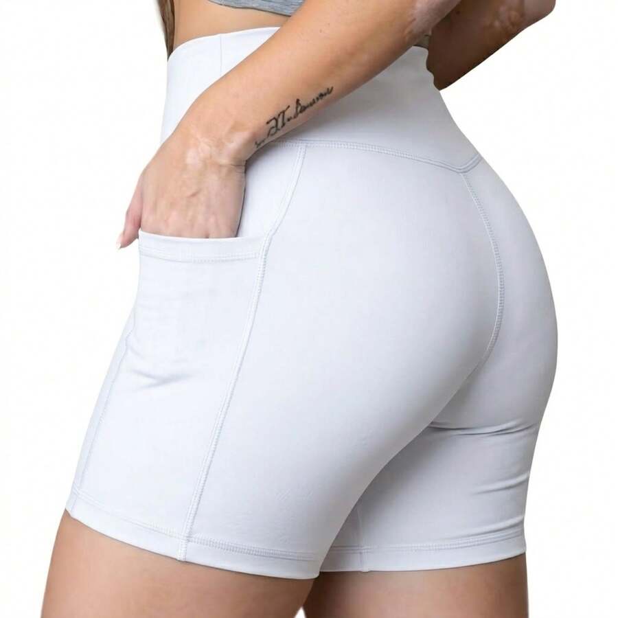 Gym Leggings Shorts With Pockets, High-Quality Supplex Fabric, High Waist - 白色 - 查看 1