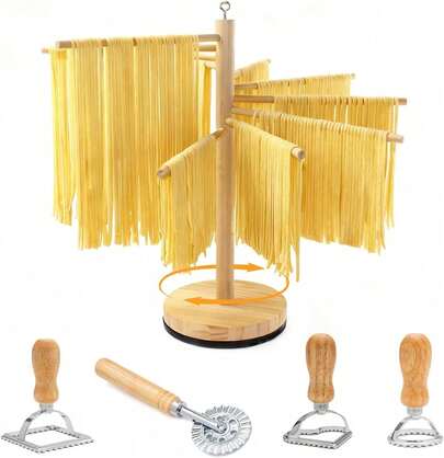 Rotary Pasta Drying Rack,Detachable Wood Pasta Rack With Pasta Molds & Stamps Ravioli With Pasta Cutter Wheel (4 Pcs),Spaghetti Pasta Dryer Rack Collapsible Noodle Drying Rack Hanger Stand